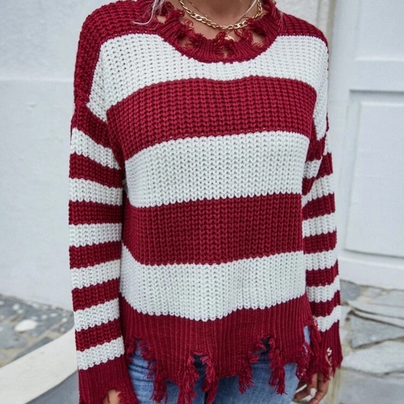 Red/White Striped Frayed Style Knit Sweater in M - Picture 4 of 5